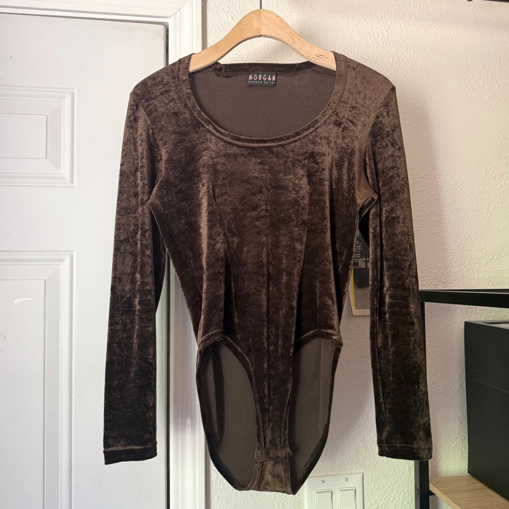 MORGAN DE TOI brown velvet velour scoop neck euro vintage bodysuit